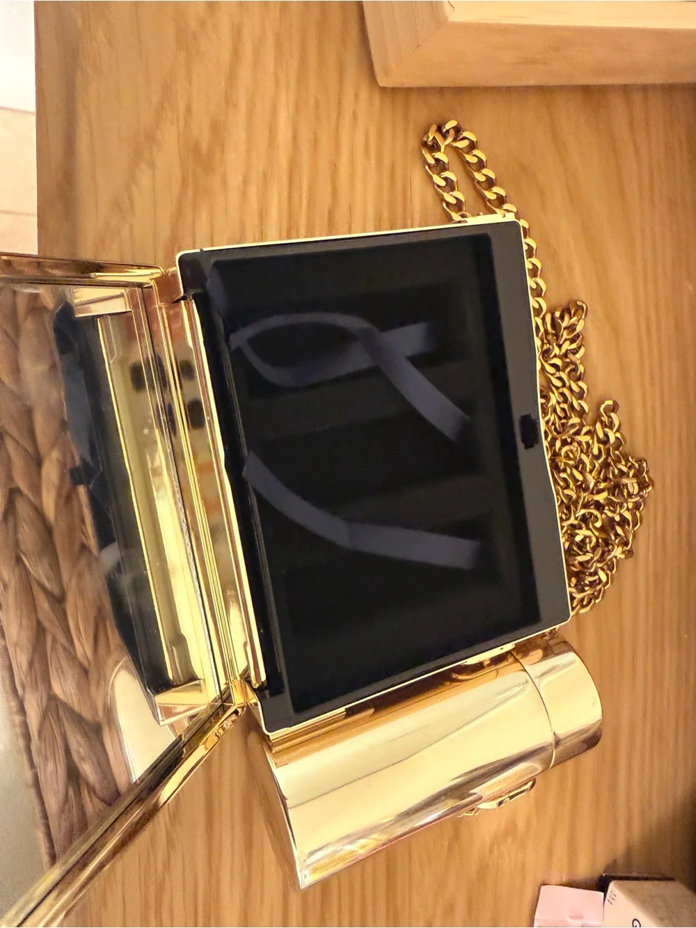 Dior Metallic Gold Box Clutch with Cylindrical Accent and Chain